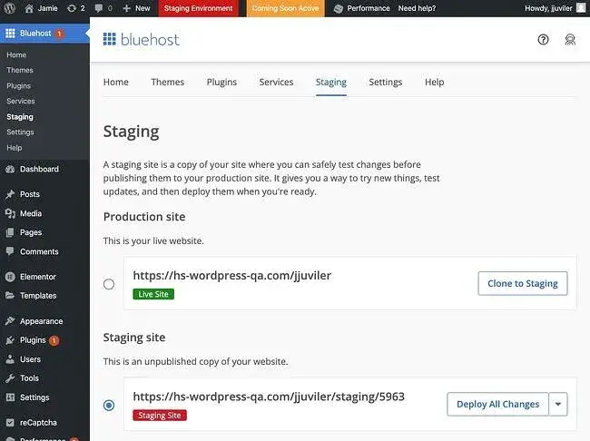 Bluehost‘s staging menu saying ’A staging site is a copy of your site where you can safely test changes before publishing them to your production site’