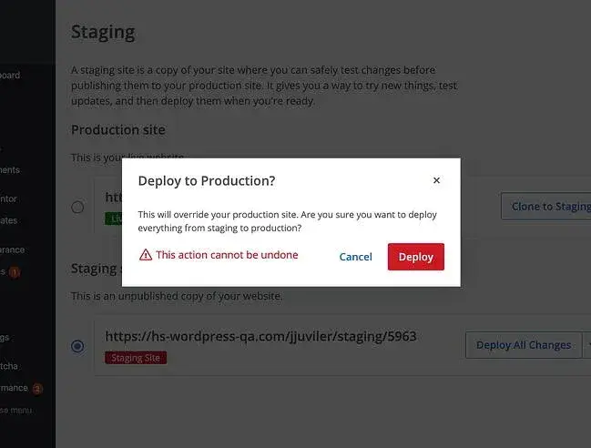 Bluehost‘s ’Deploy to Production?' warning pop-up dialog box