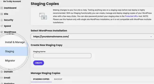 SiteGround‘s Staging Copies page is shown with options to select a WordPress Installation or to ’Create New Staging Copy'