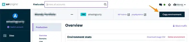 WPEngine Production Overview page is shown with the ‘Copy Environment’ button indicated by an orange arrow