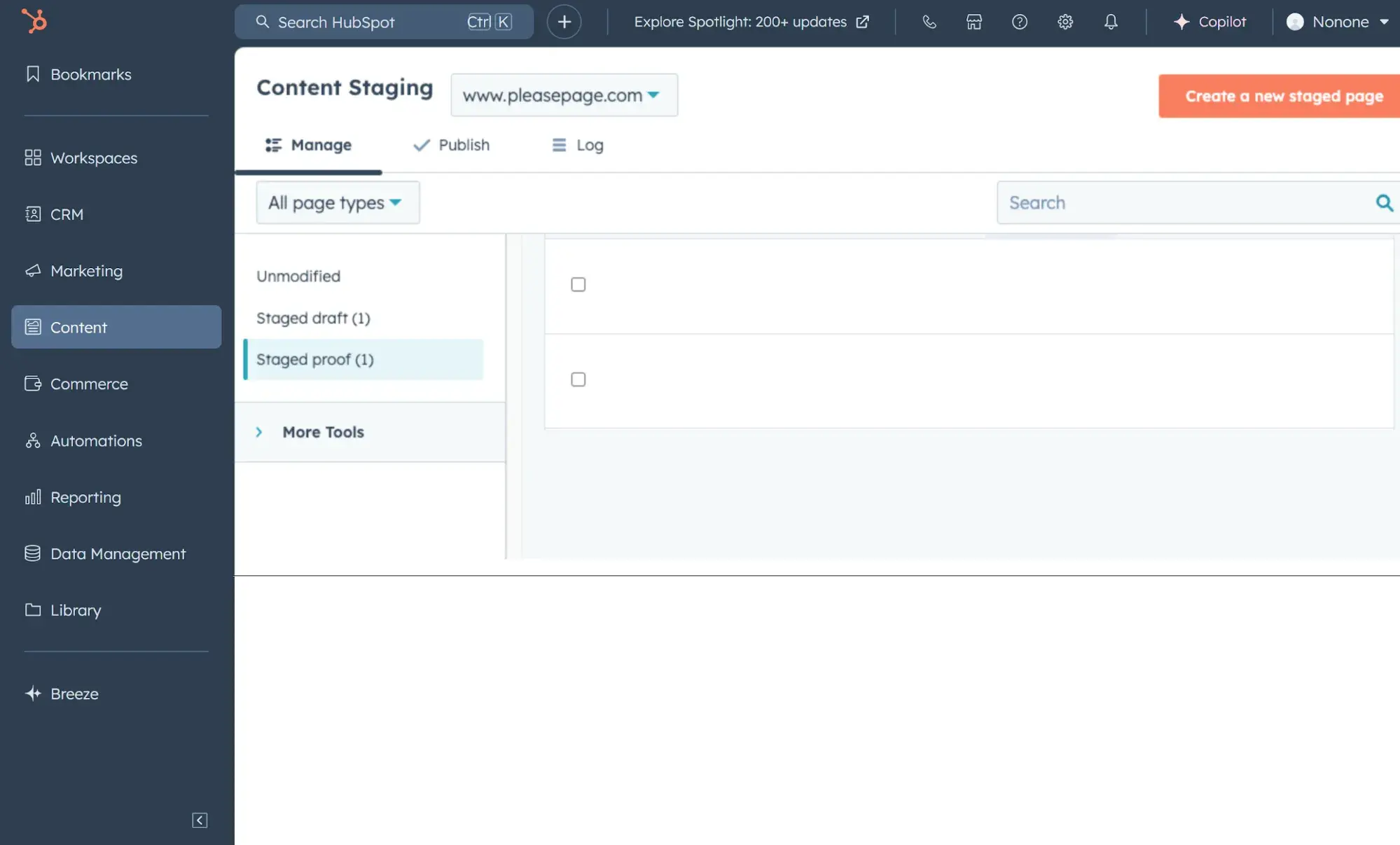 Content Staging screen with four tabs on the left labeled Unmodified, Staged draft, Stage proof, and More Tools.