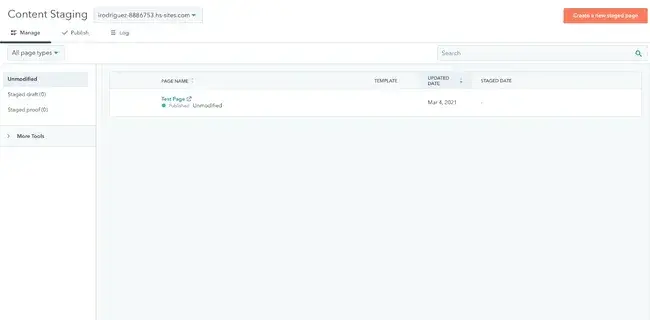 Content Staging dashboard in HubSpot