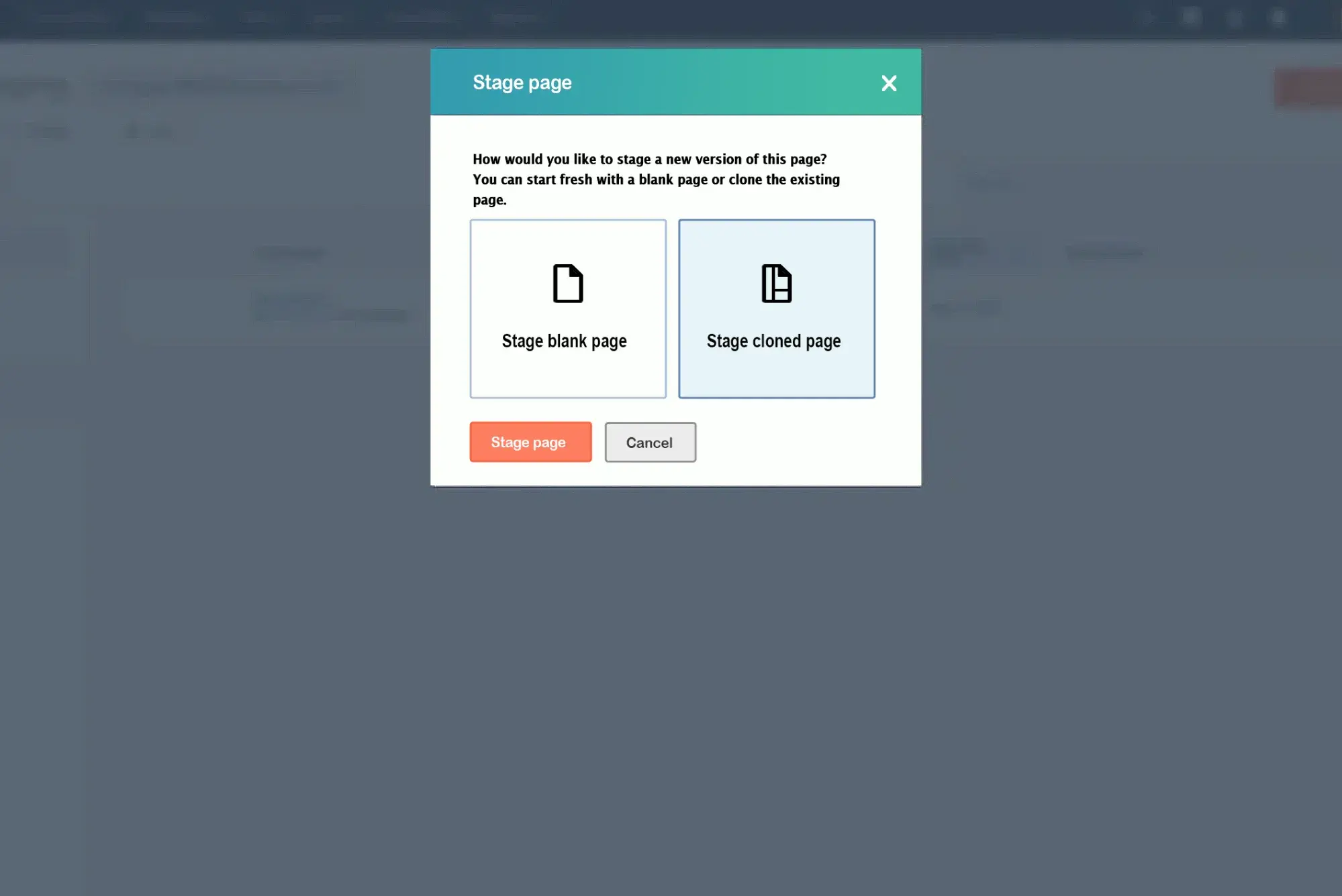 HubSpot's Stage page dialog box pop-up showing the Stage cloned page option selected.