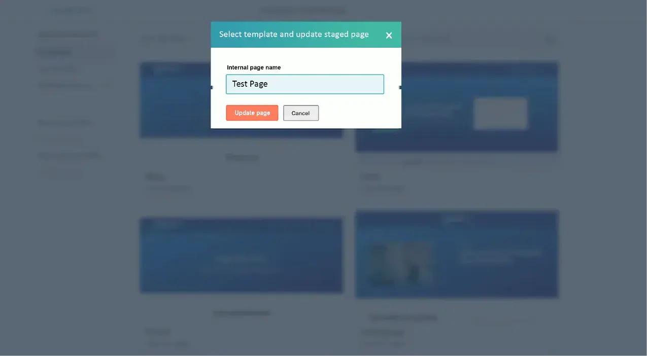 Select template and update staged page pop-up box with a text box for entering an internal page name