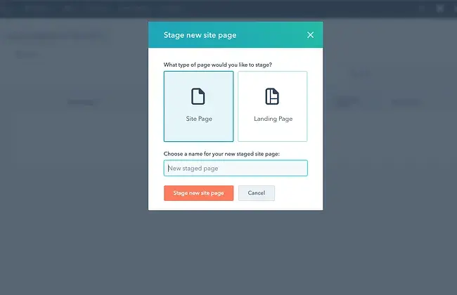 HubSpot's Stage new site page pop-up dialog box is showing with the questions giving the option to choose between a Site Page and a Landing Page and a text box with prompt