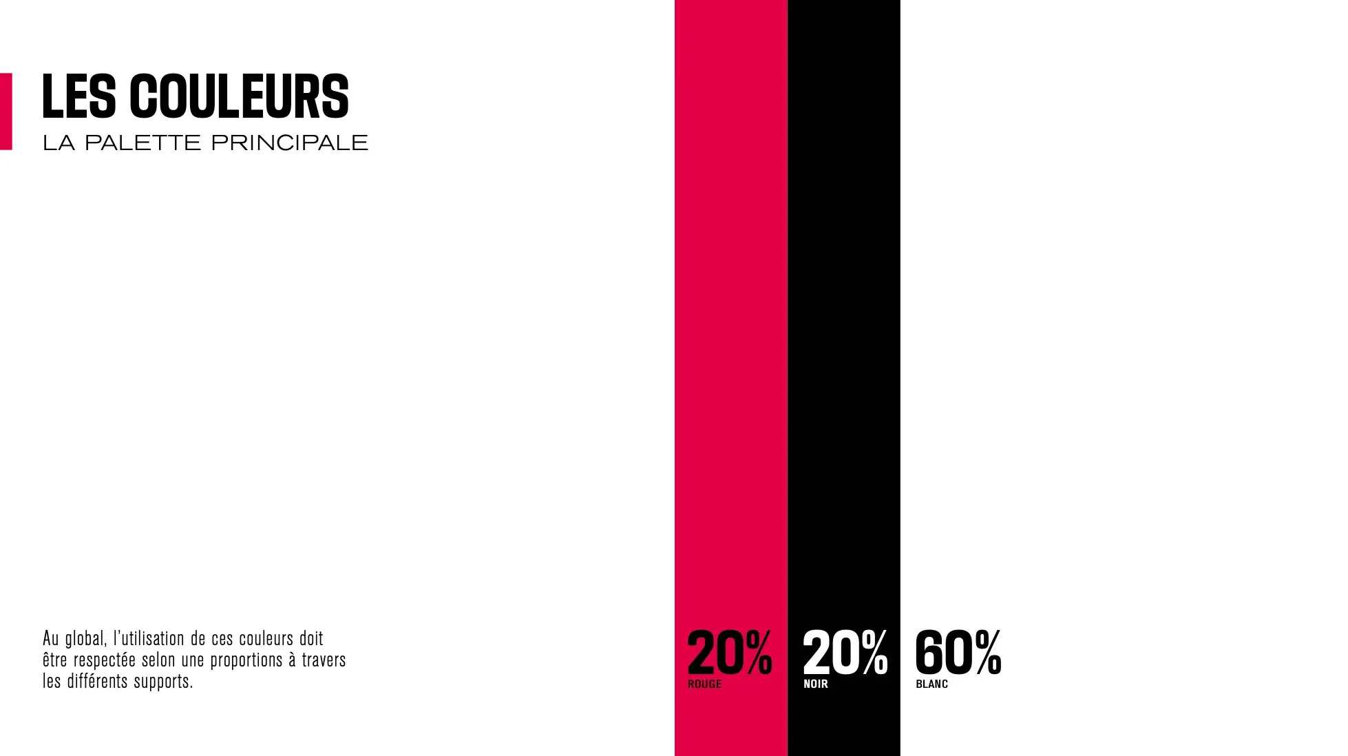 Vertical stripes of pinkish-red, black, and white, with percentages that indicate how to balance the colors. Red 20%, black 20%, white 80%.