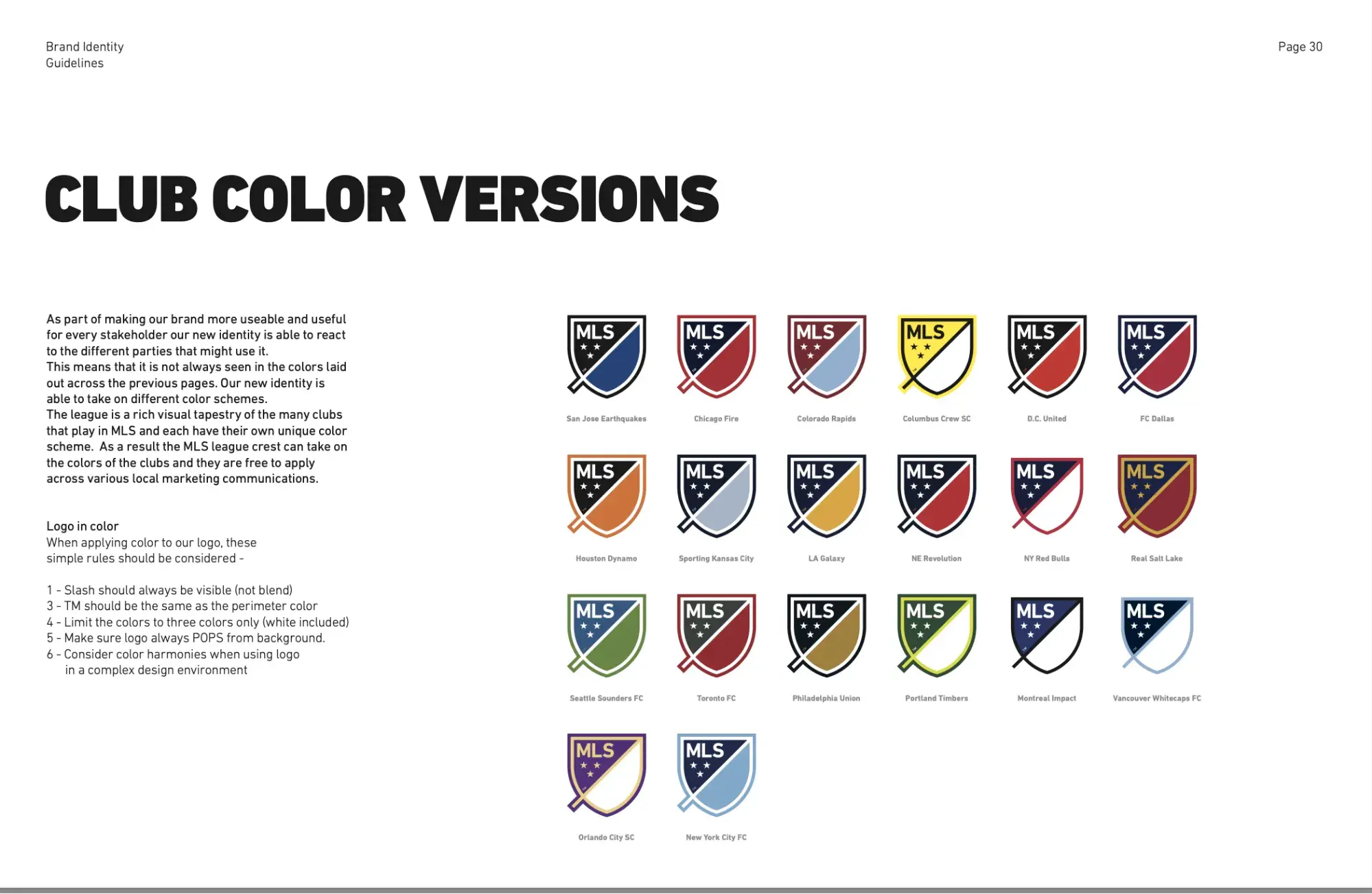 Twenty examples of the MLS crest in team colors.