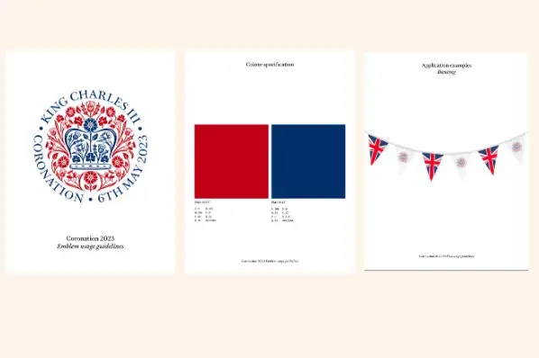 Three pages from the Coronation 2023 style guide. The first page shows the emblem; the second page shows the dark red and dark blue color samples; the third page shows the emblem on bunting.