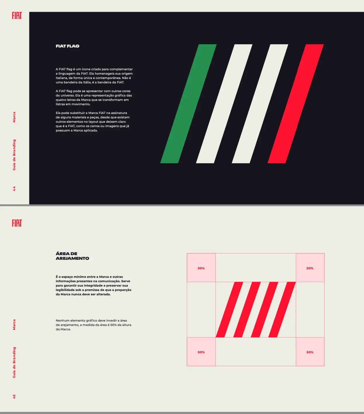 Two pages from Fiat style guide showing the four diagonal lines.