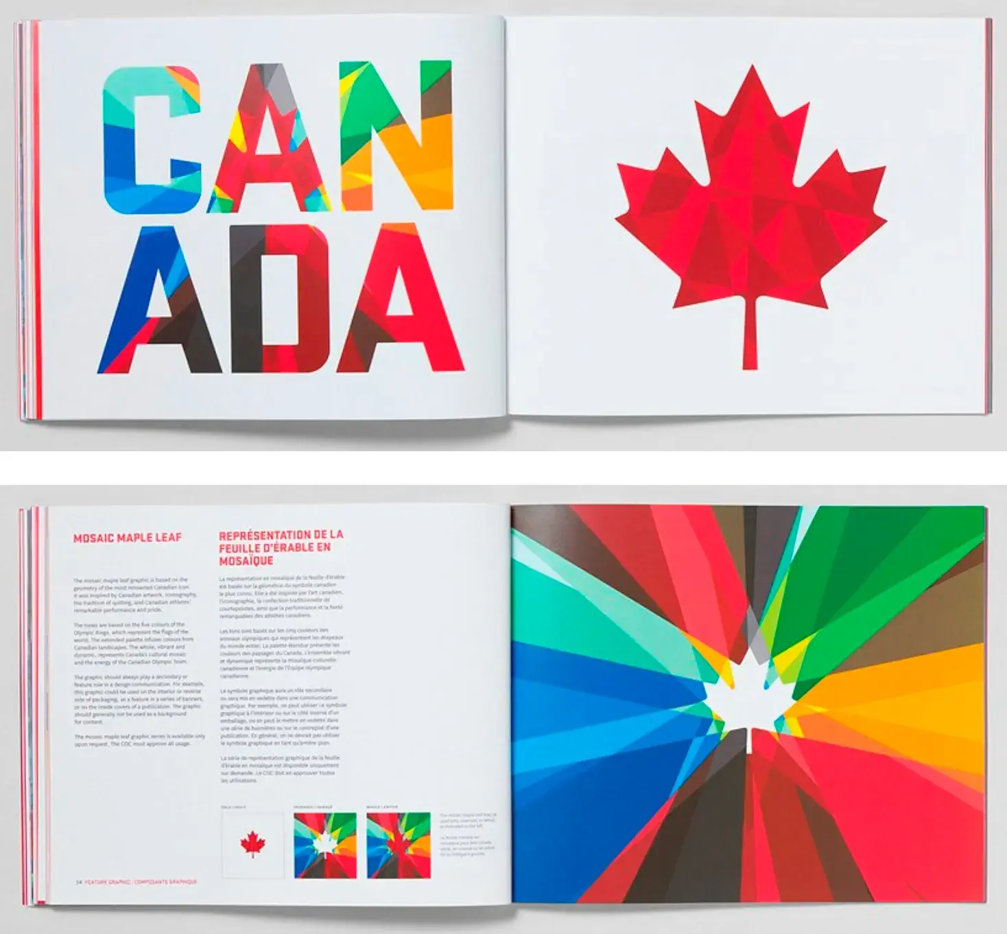 Four pages of Team Canada’s brand guide, featuring bright colors, geometric shapes, and a maple leaf.