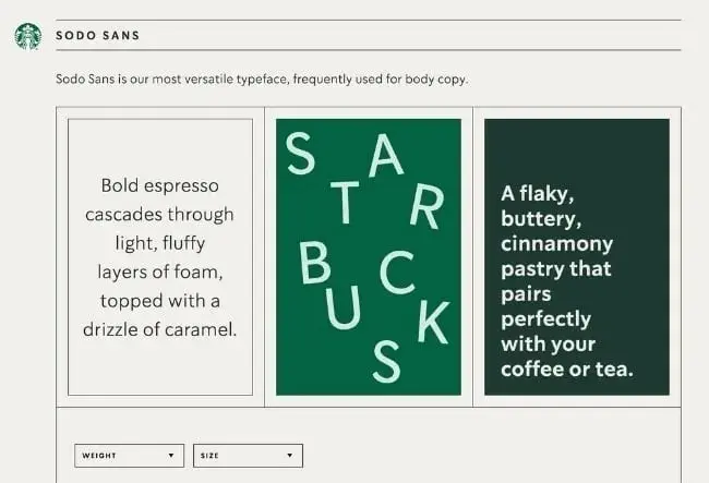 Three ways of using the Sodo Sans typeface in Starbucks marketing.