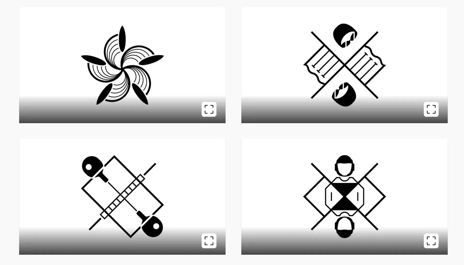 Four pictograms that represent surfing, swimming, table tennis, and taekwondo.