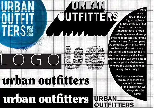 Six different logos that Urban Outfitters has used in the past.