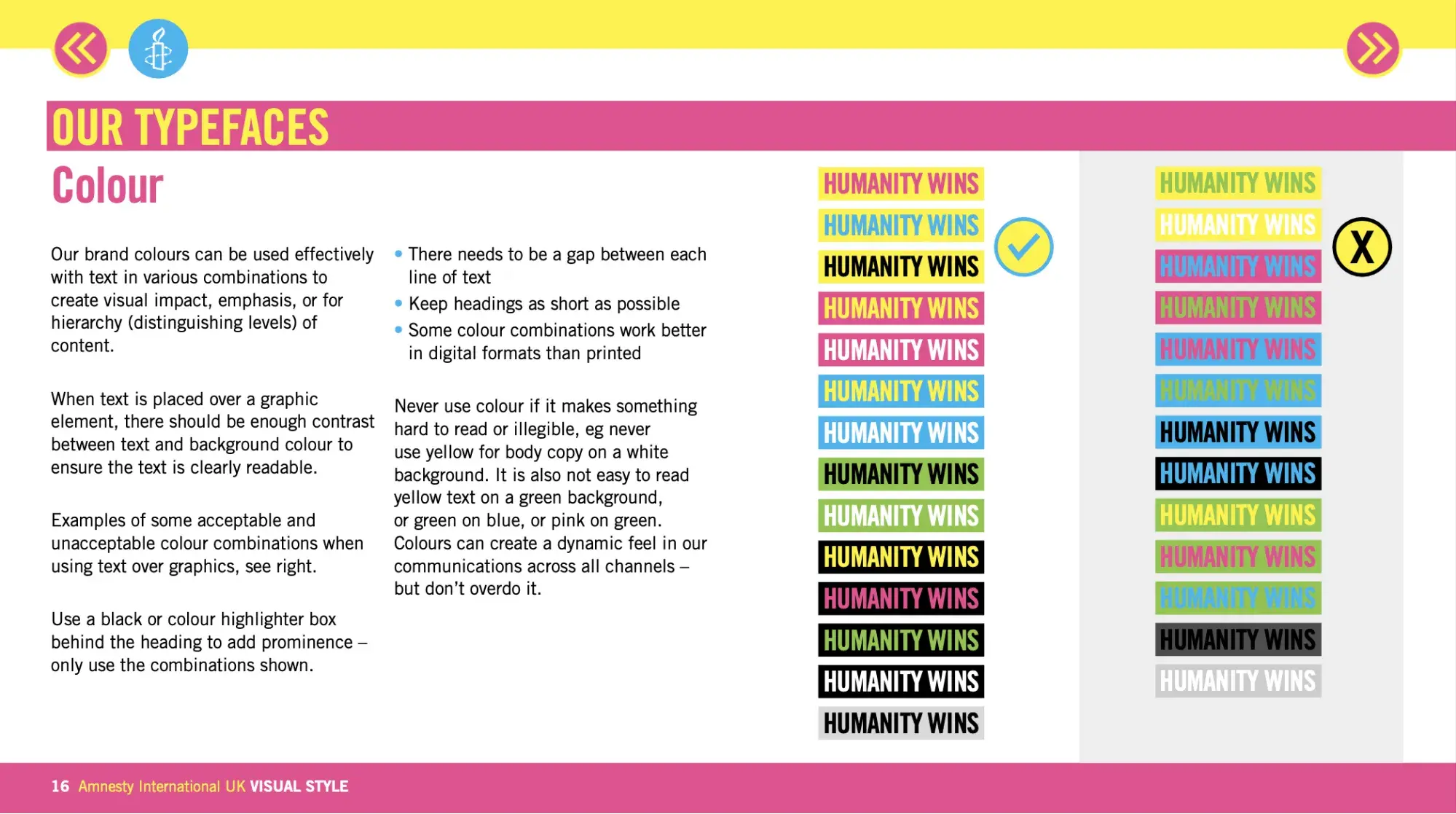 Color combinations for logo text and background for Amnesty International UK.