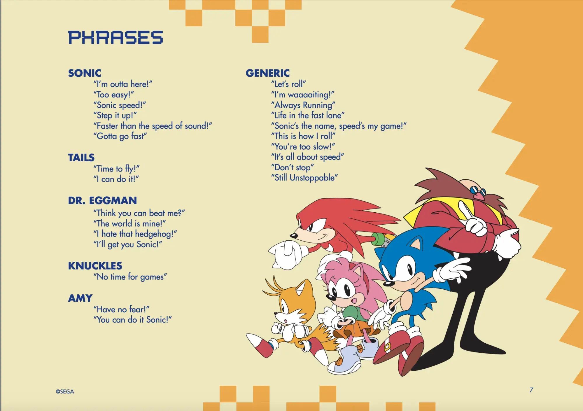 Phrases associated with six Sonic the Hedgehog characters.