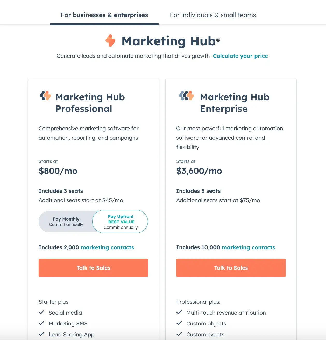 subscription business model: hubspot pricing