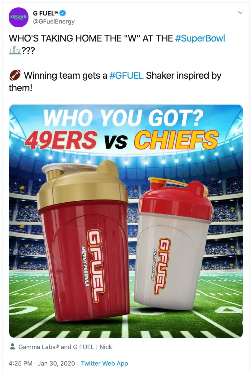 screencap of g-fuel twitter ad from 2020.