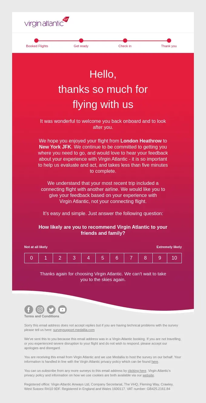 Virgin Atlantic survey email subject line