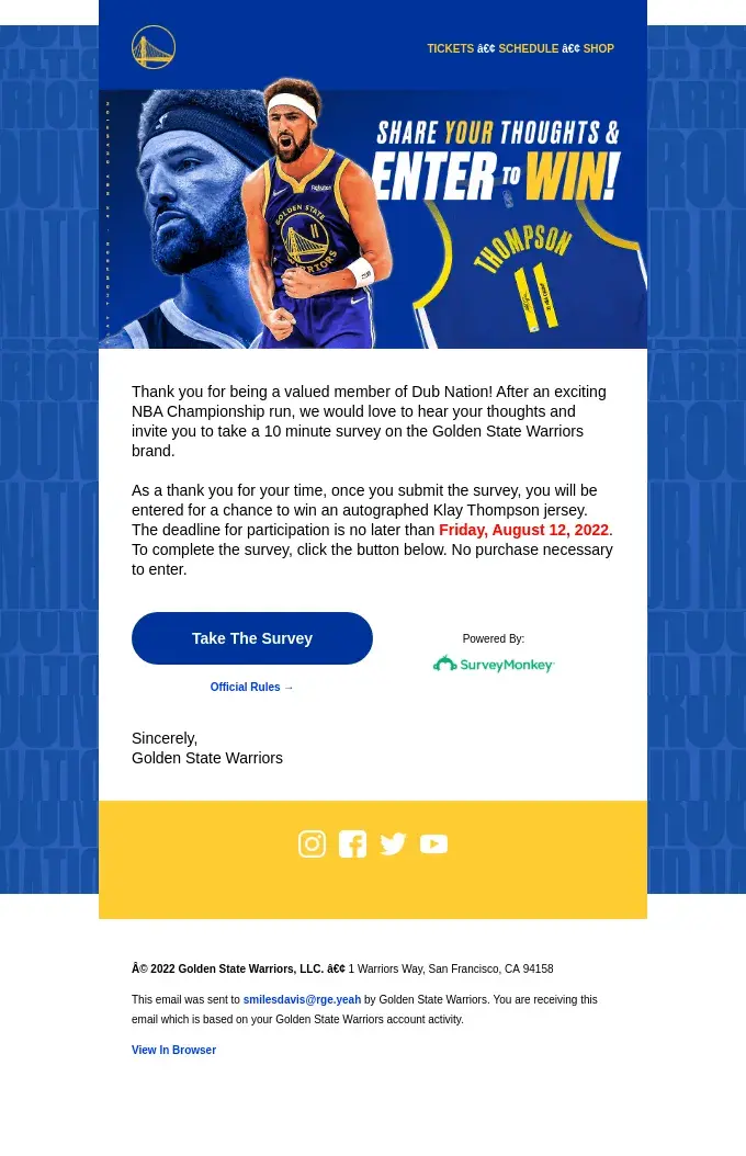 Golden State Warriors survey email subject line