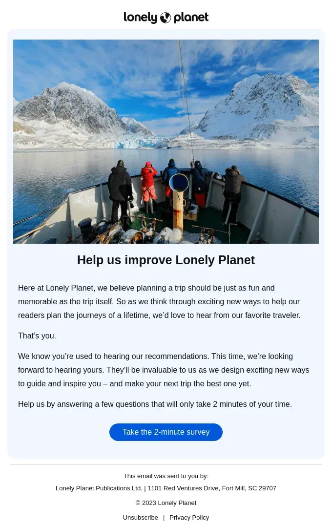 Lonely Planet survey email subject line 