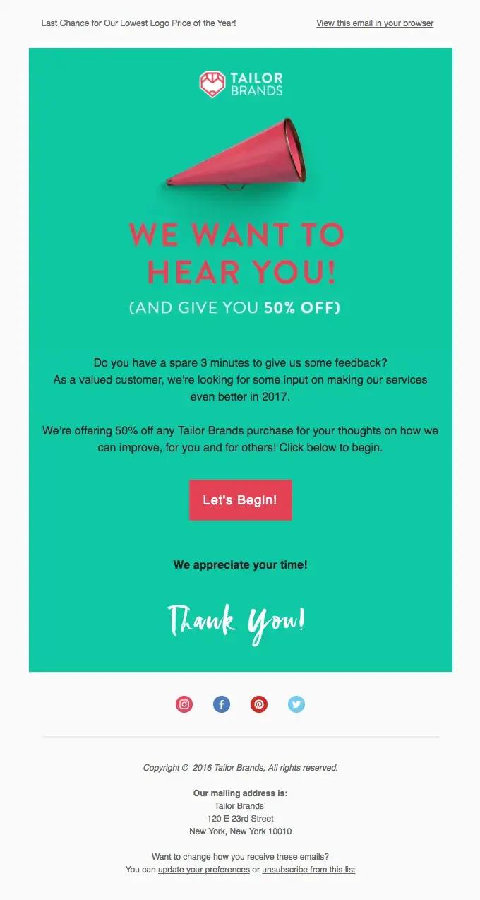 Tailor Brands survey email subject line