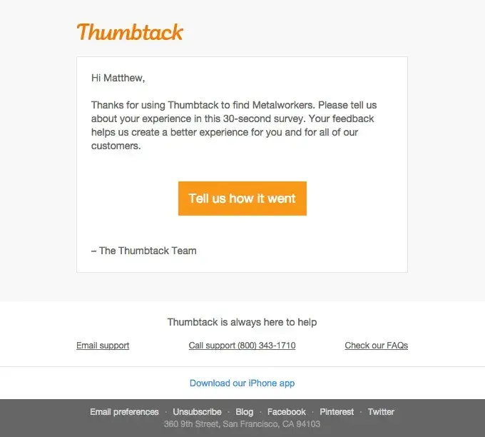 Thumbtack survey email subject line 