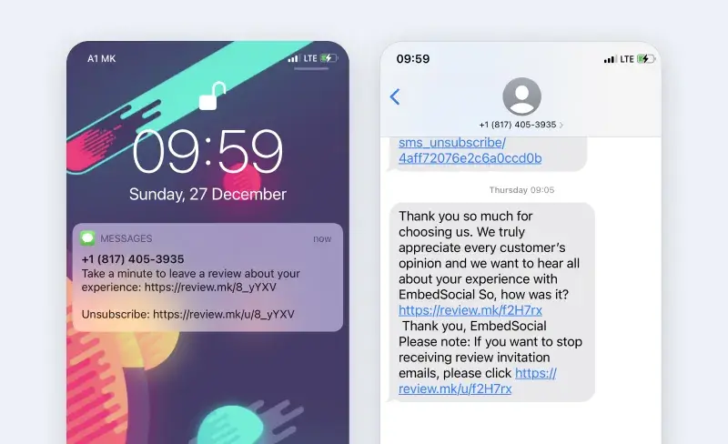 Screenshots of text messages asking for customer reviews