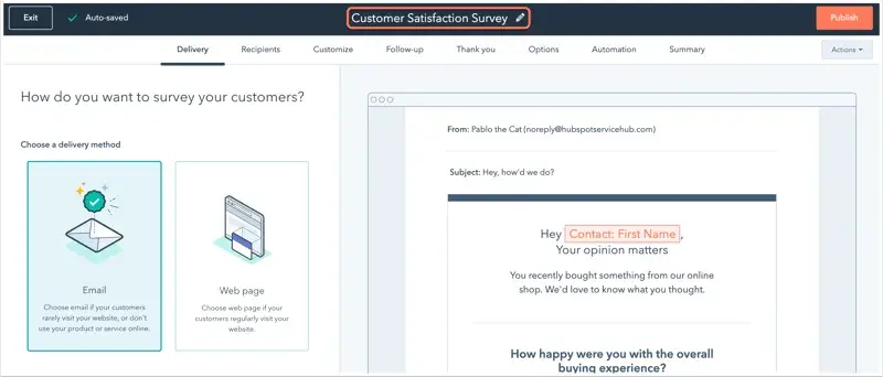 collect testimonials through hubspot customer satisfaction survey