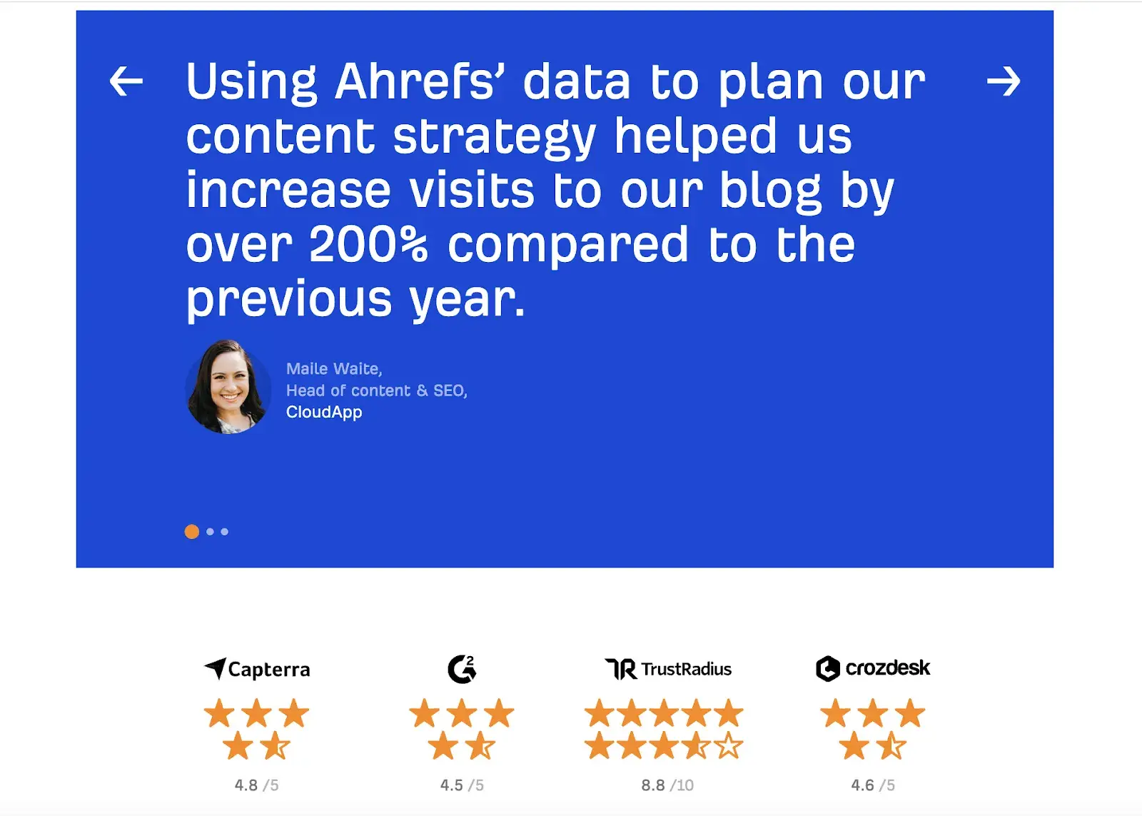 testimonial examples from ahrefs customer quotes