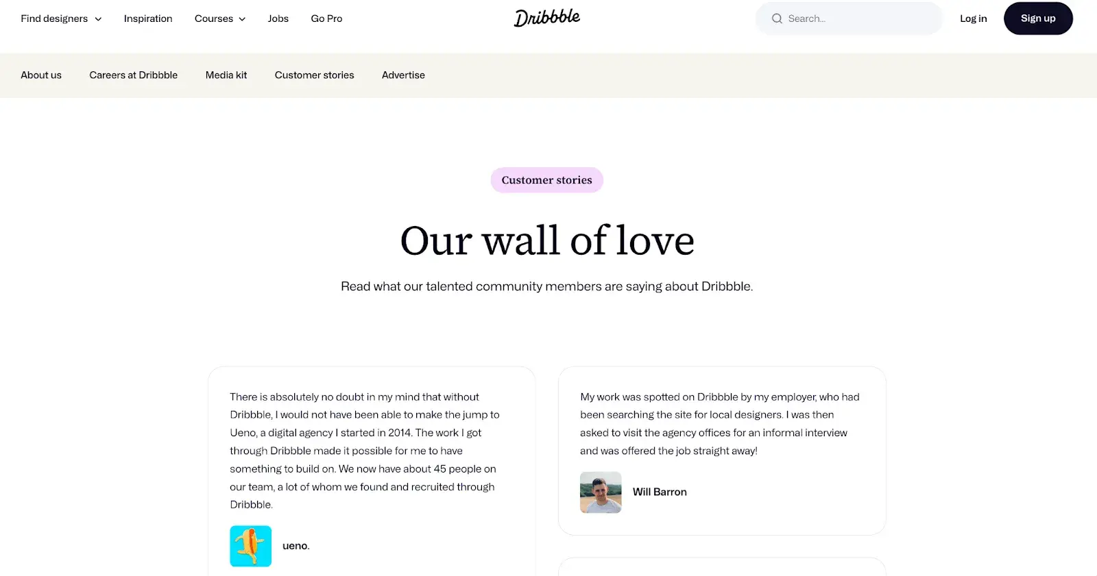 dribbble’s testimonial page