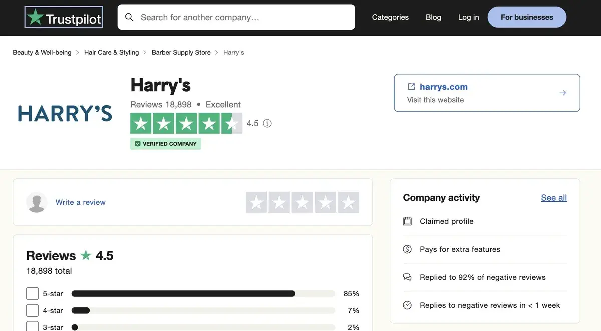 harry's trustpilot testimonial examples