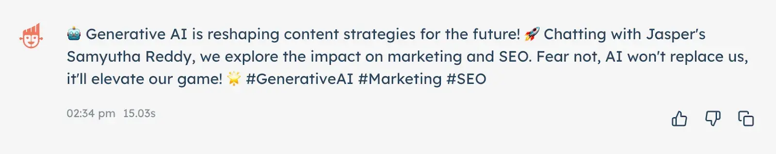 “Generative AI is reshaping content strategies for the future! Chatting with Jasper’s Samyutha Reddy, we explore the impact on marketing and SEO. Fear not, AI won’t replace us, it’ll elevate our game! #generativeai #marketing #seo