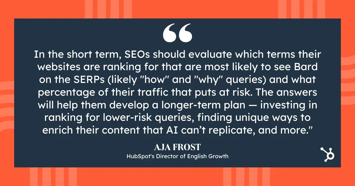 generative ai marketing quote, “in the short term, seos should evaluate which terms their websites are ranking for that are most likely to see Bard on SERPs (likely ‘how’ and ‘why’ queries) and what percentage of their traffic that puts at risk. The answers will help them develop a longer-term plan — investing in ranking for lower-risk queries, finding unique ways to enrich their content that AI can’t replicate, and more.