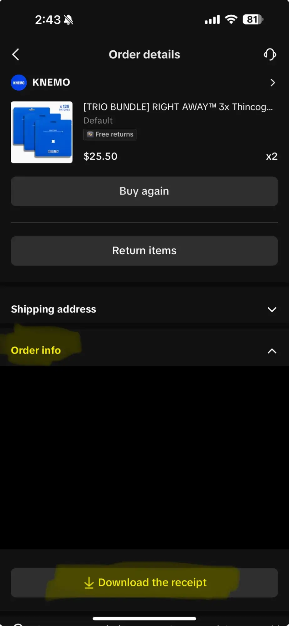 screenshot of my order info from a tiktok shop order