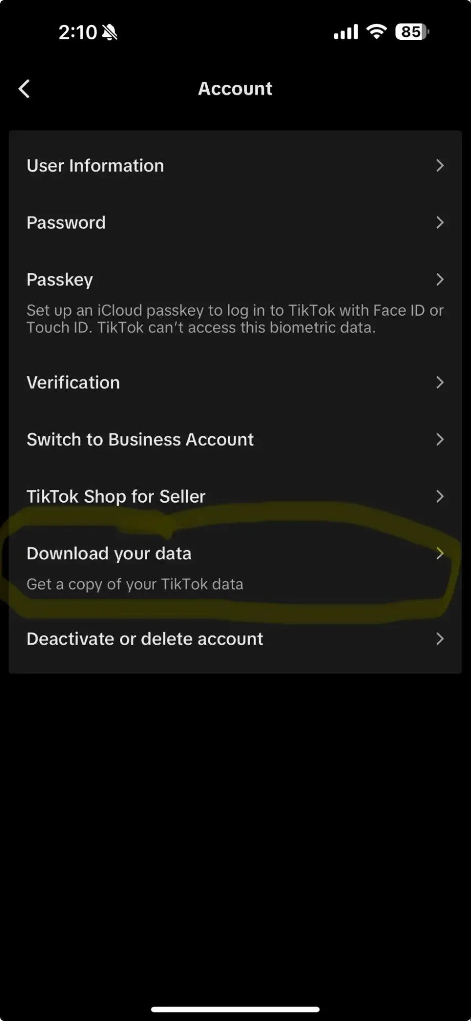 screenshot exampling how to download your account data from tiktok