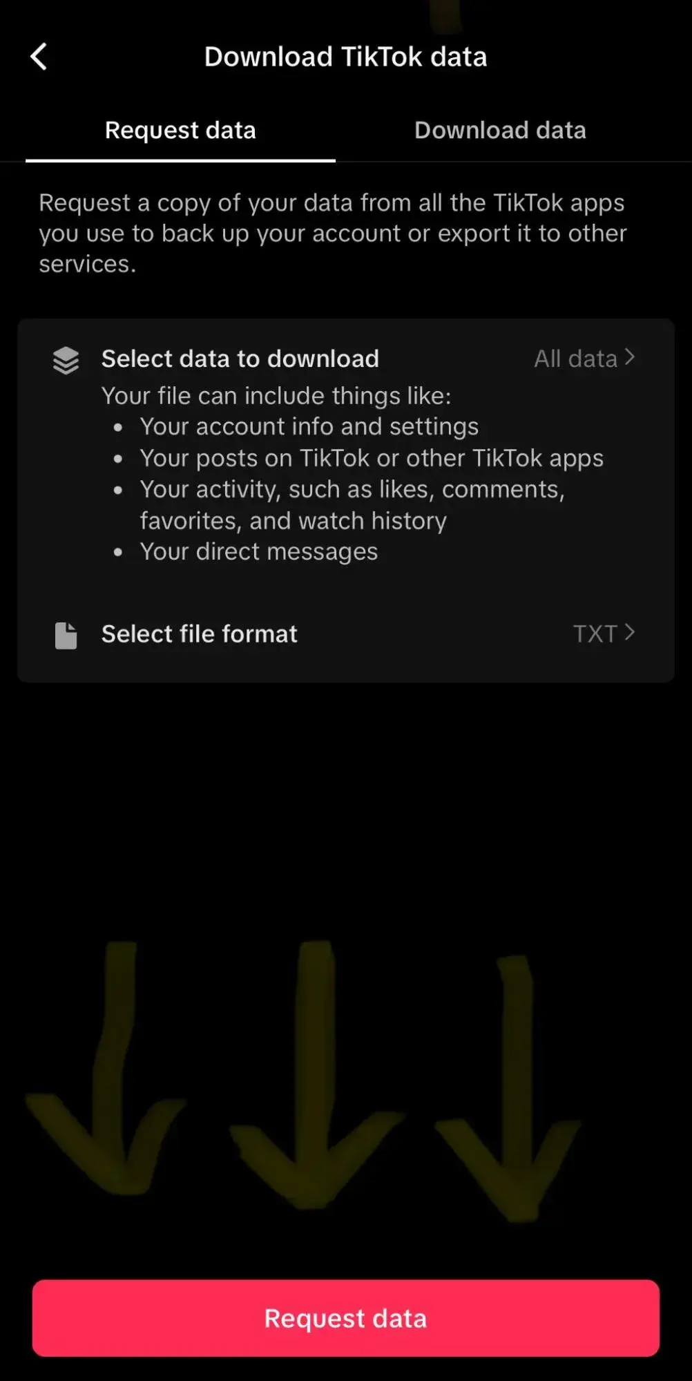 screenshot of the download your data from tiktok screen