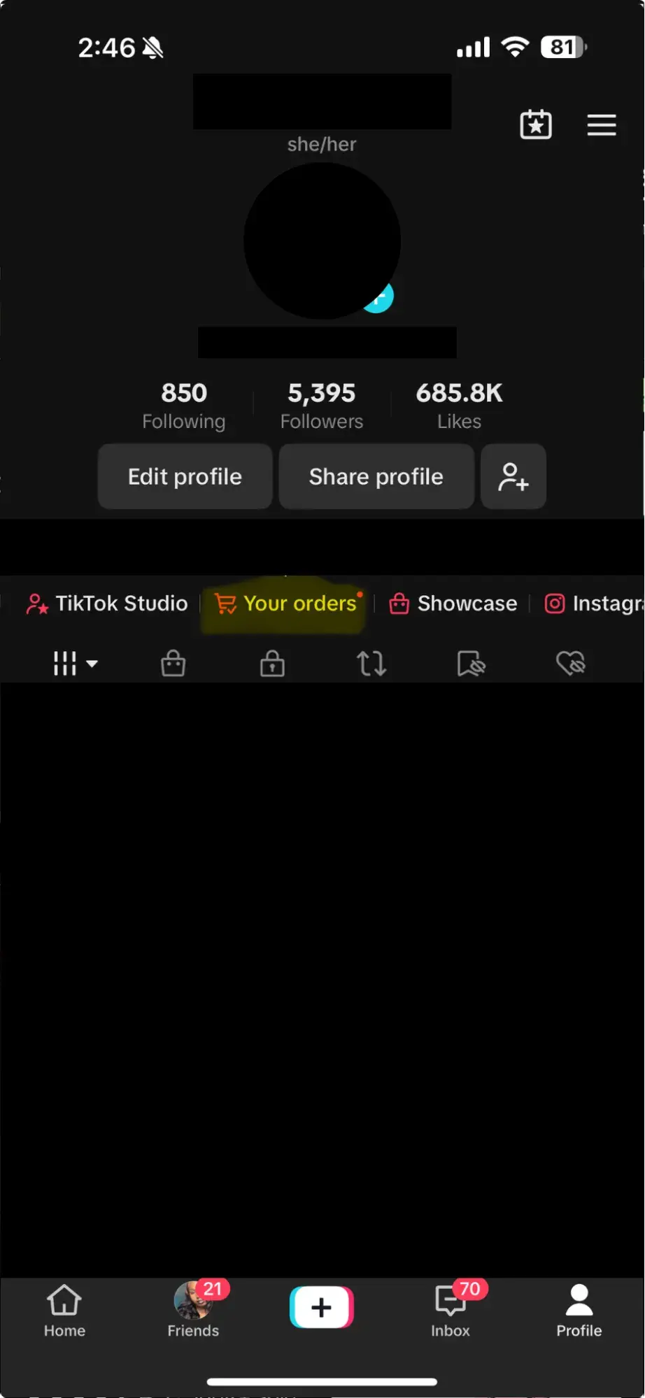 screenshot of my tiktok account homepage