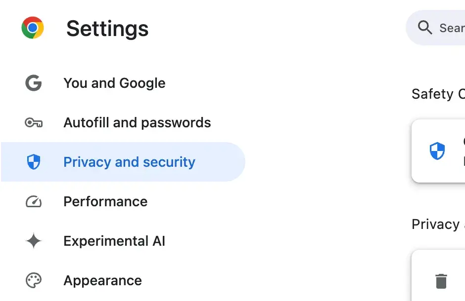 Chrome settings showing “Privacy and security”