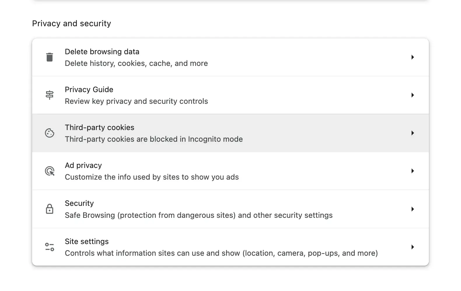 Chrome privacy settings with “Third-party cookies” highlighted