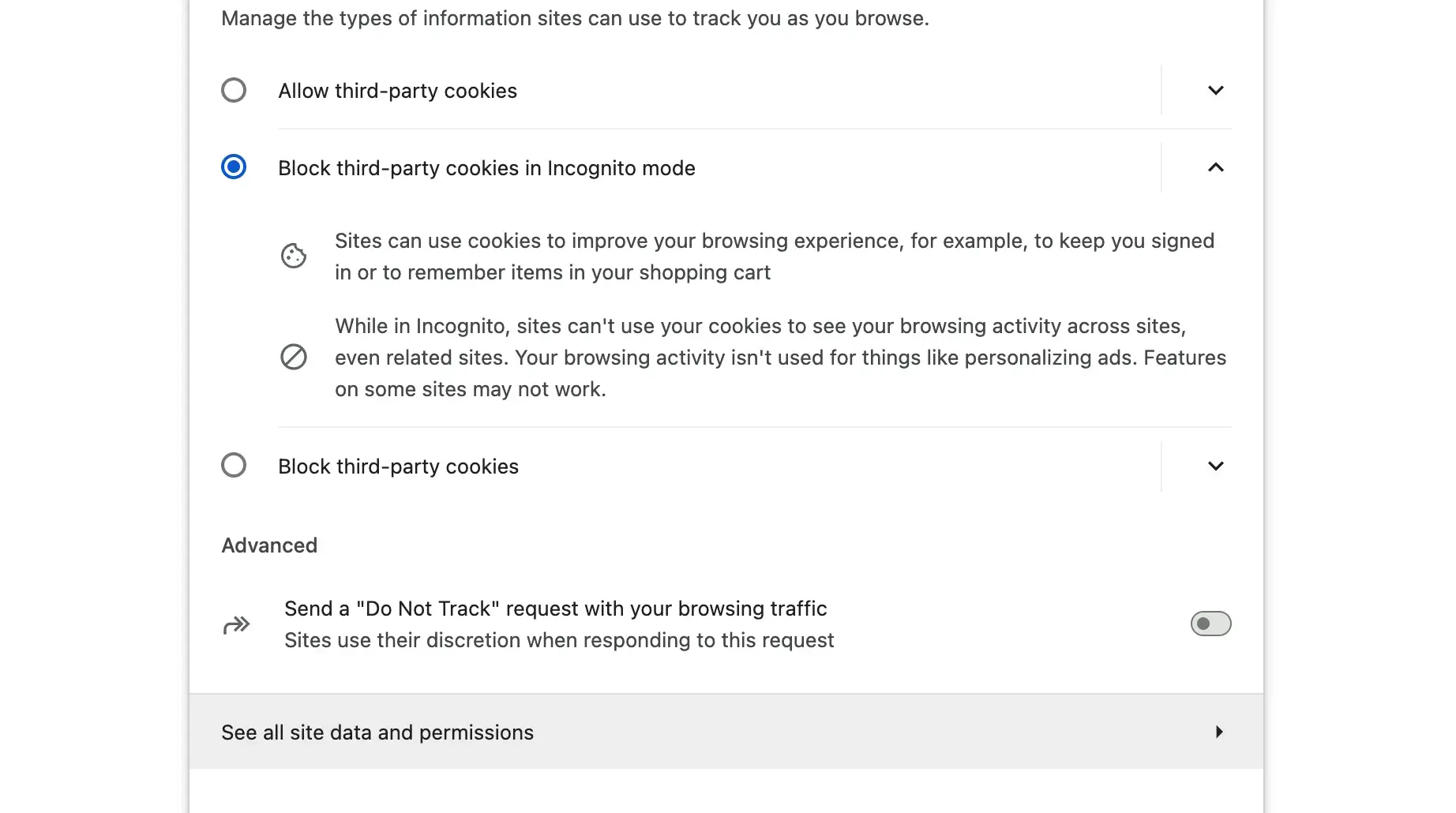 Chrome privacy settings with “See all site data and permissions” highlighted