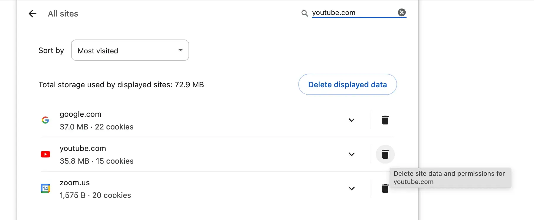 Chrome settings with websites like youtube.com and trash icon next to them