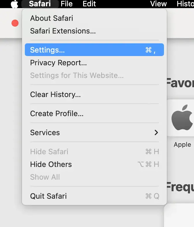 Safari dropdown menu with “Settings” highlighted