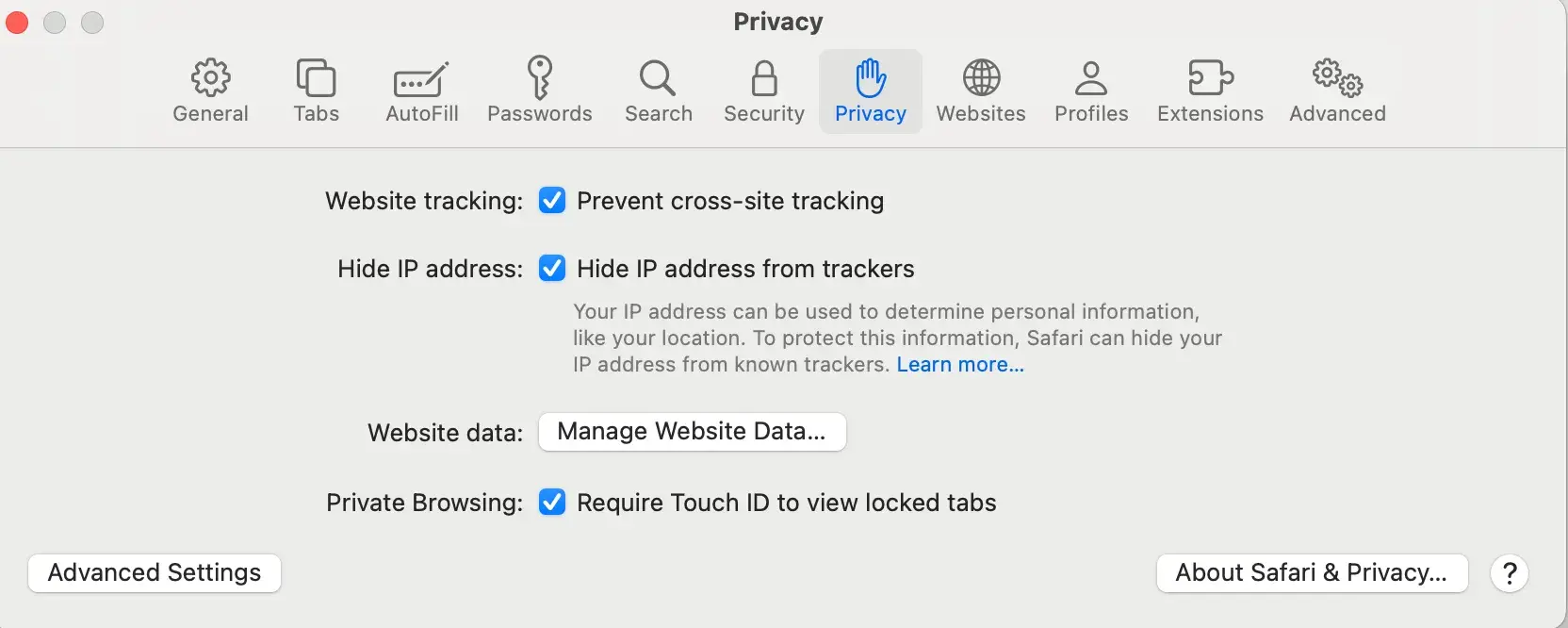 Safari privacy settings with “Manage Website Data” button