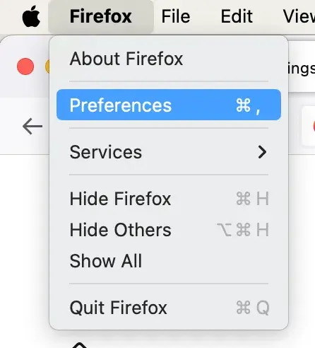 Firefox dropdown menu with “Preferences” highlighted