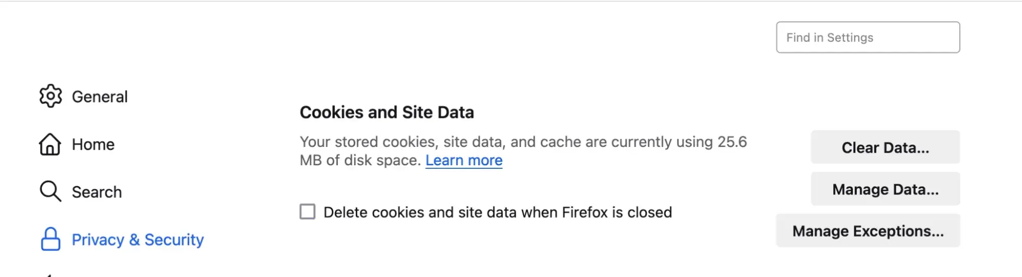 Firefox “Cookies and Site Data” settings with “Manage Data” button