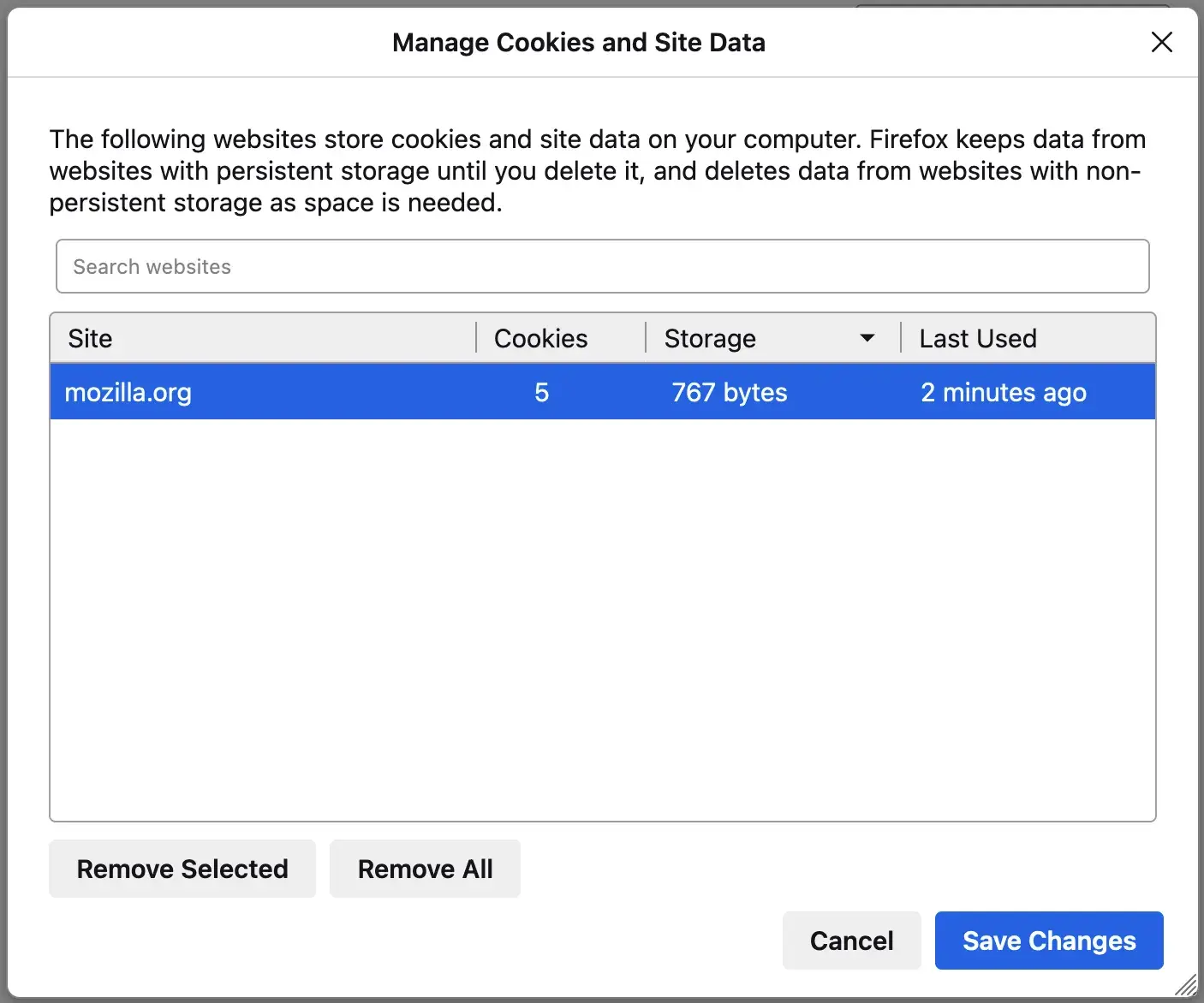 Firefox settings with “mozilla.org” highlighted and a “Remove Selected” button underneath it