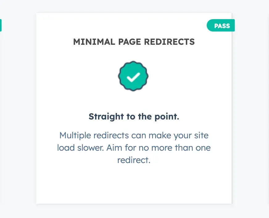 A successful report from Website Grader that says “minimal page redirects” with a green check mark