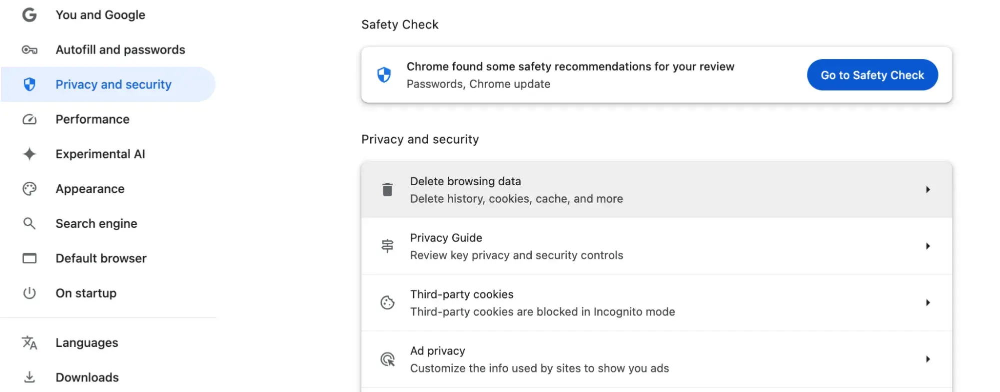 Chrome privacy and security settings with “Delete browsing data” highlighted