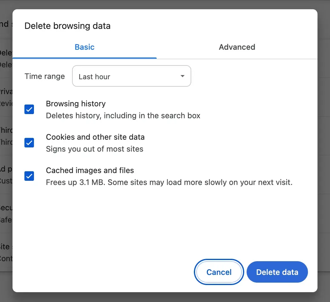 Chrome settings with time range of “Last hour” and “Delete data” button