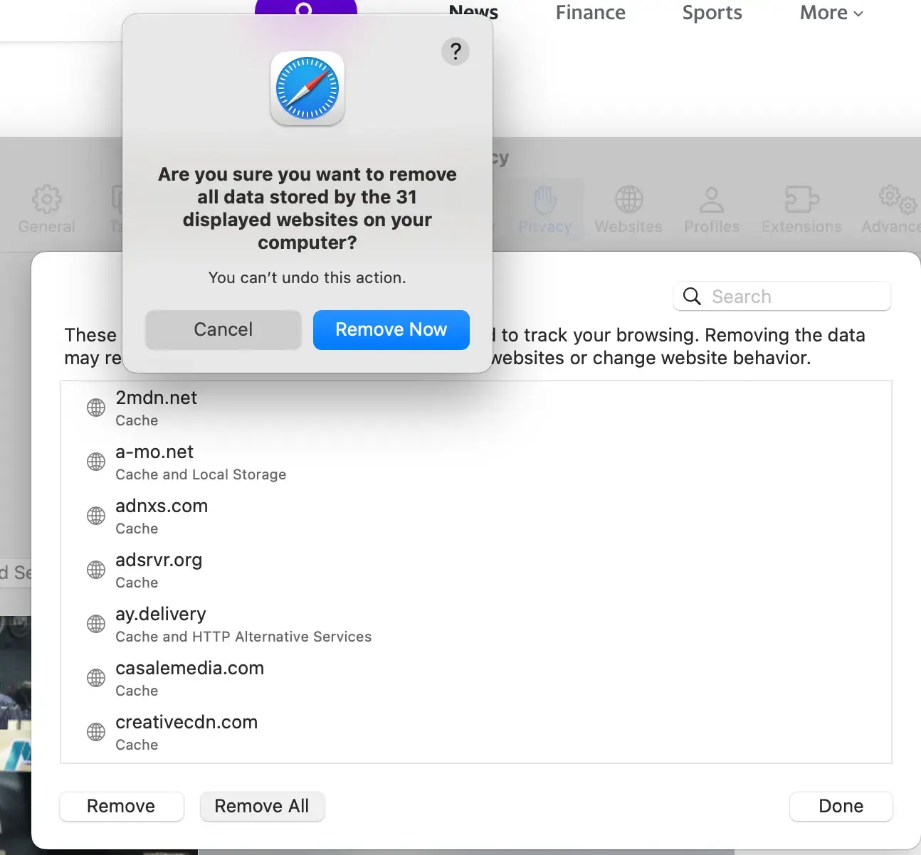 Safari list of websites with a button that says “Remove All” and a popup over that with a “Remove Now” button
